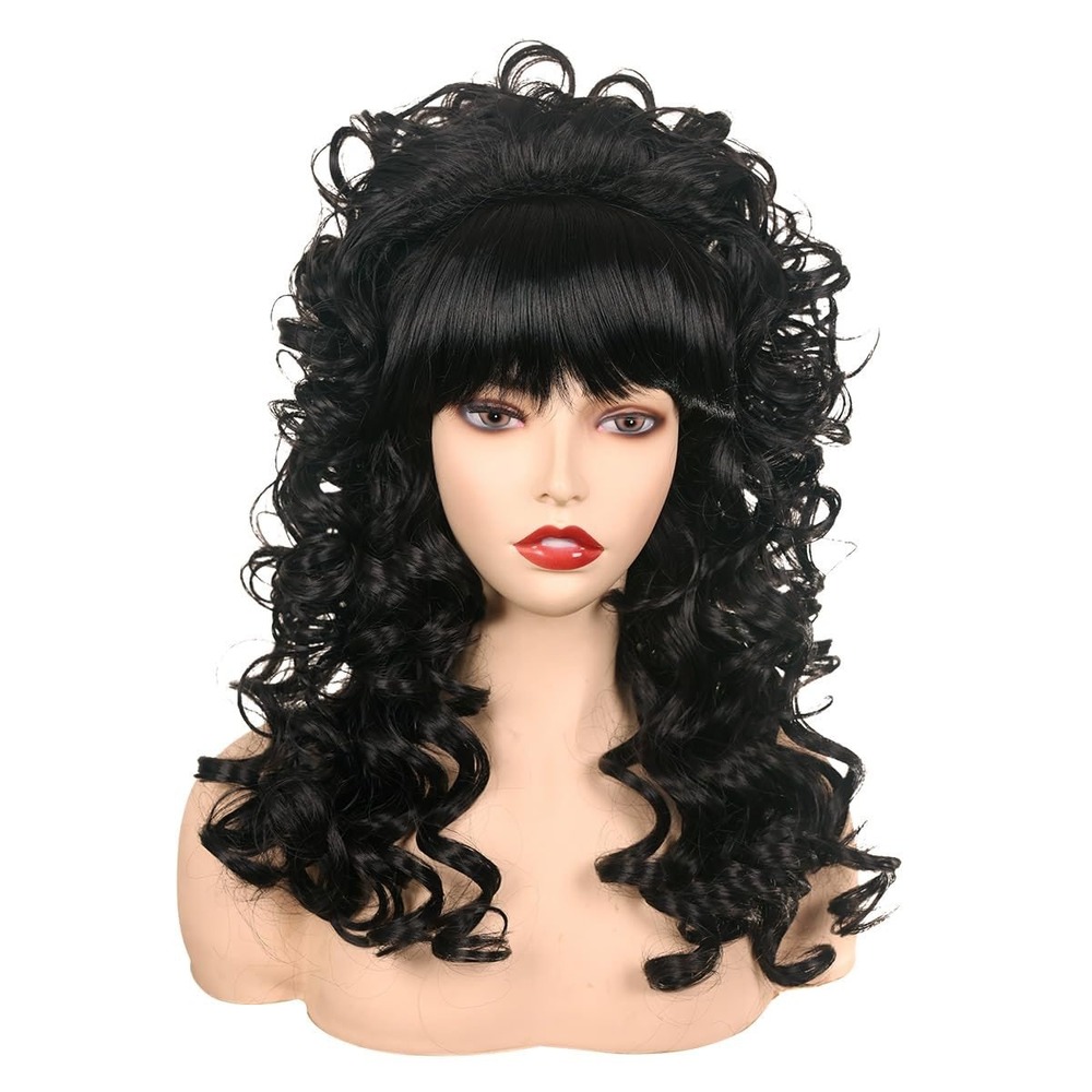 NWT FantaLook Long Curly Black Wig w Bangs Unisex Cosplay Halloween Costumeand